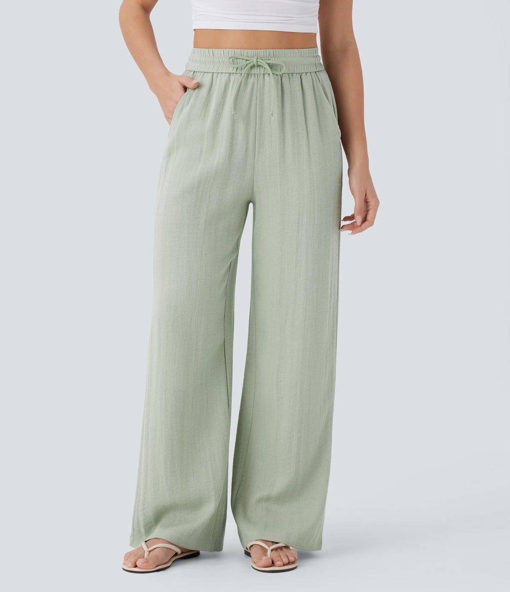 High Waisted Drawstring Wide Leg Baggy Casual Linen-Feel Pants