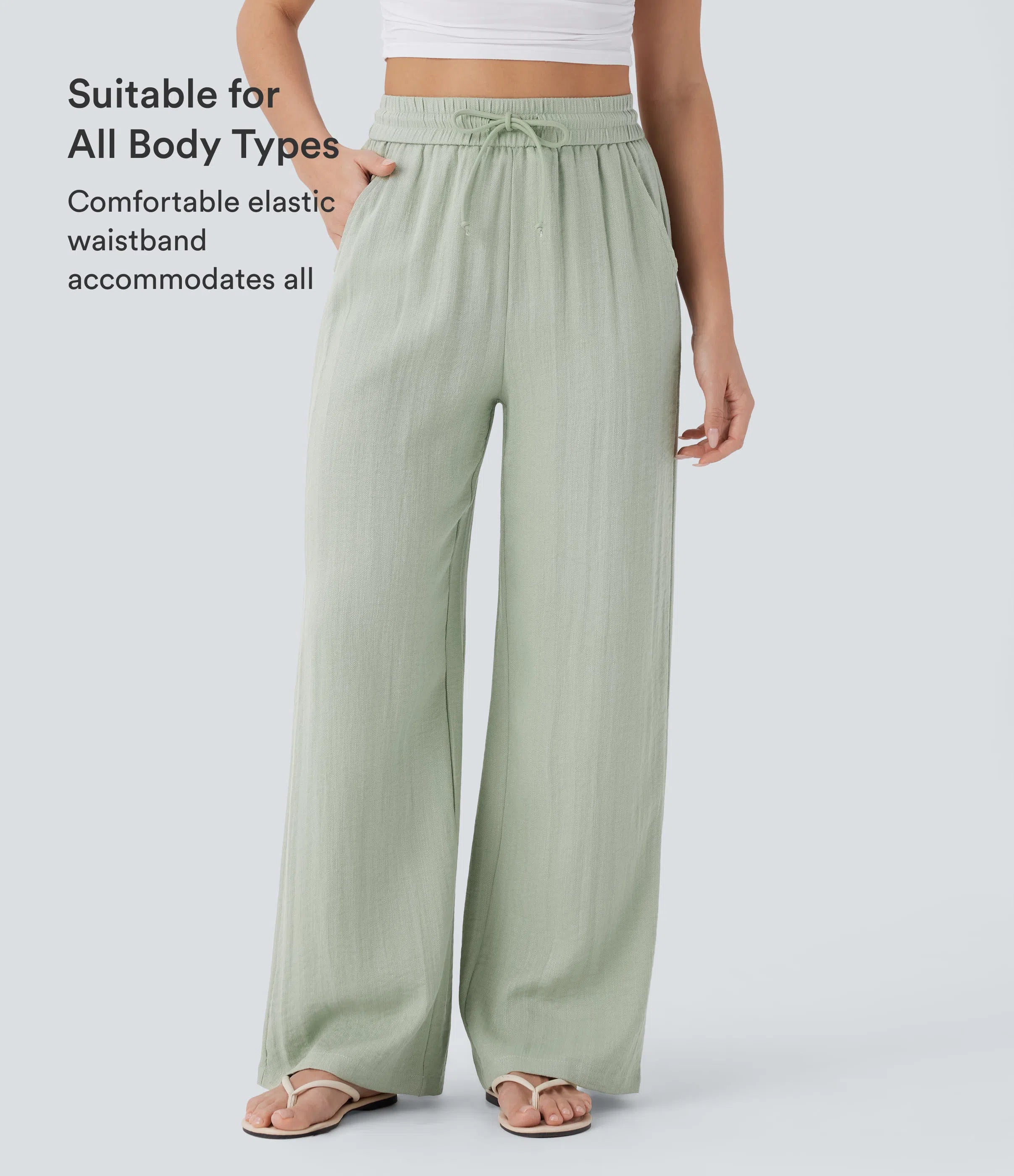 High Waisted Drawstring Wide Leg Baggy Casual Linen-Feel Pants