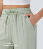 High Waisted Drawstring Wide Leg Baggy Casual Linen-Feel Pants