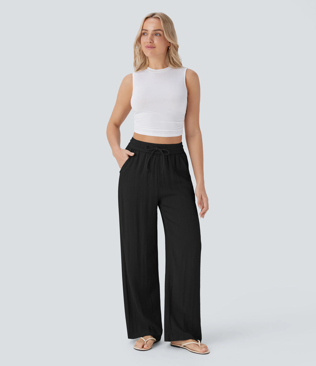 High Waisted Drawstring Wide Leg Baggy Casual Linen-Feel Pants