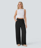 High Waisted Drawstring Wide Leg Baggy Casual Linen-Feel Pants
