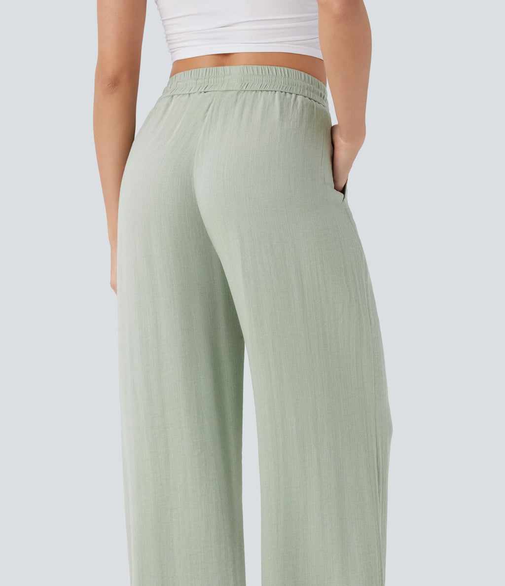 High Waisted Drawstring Wide Leg Baggy Casual Linen-Feel Pants