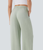 High Waisted Drawstring Wide Leg Baggy Casual Linen-Feel Pants