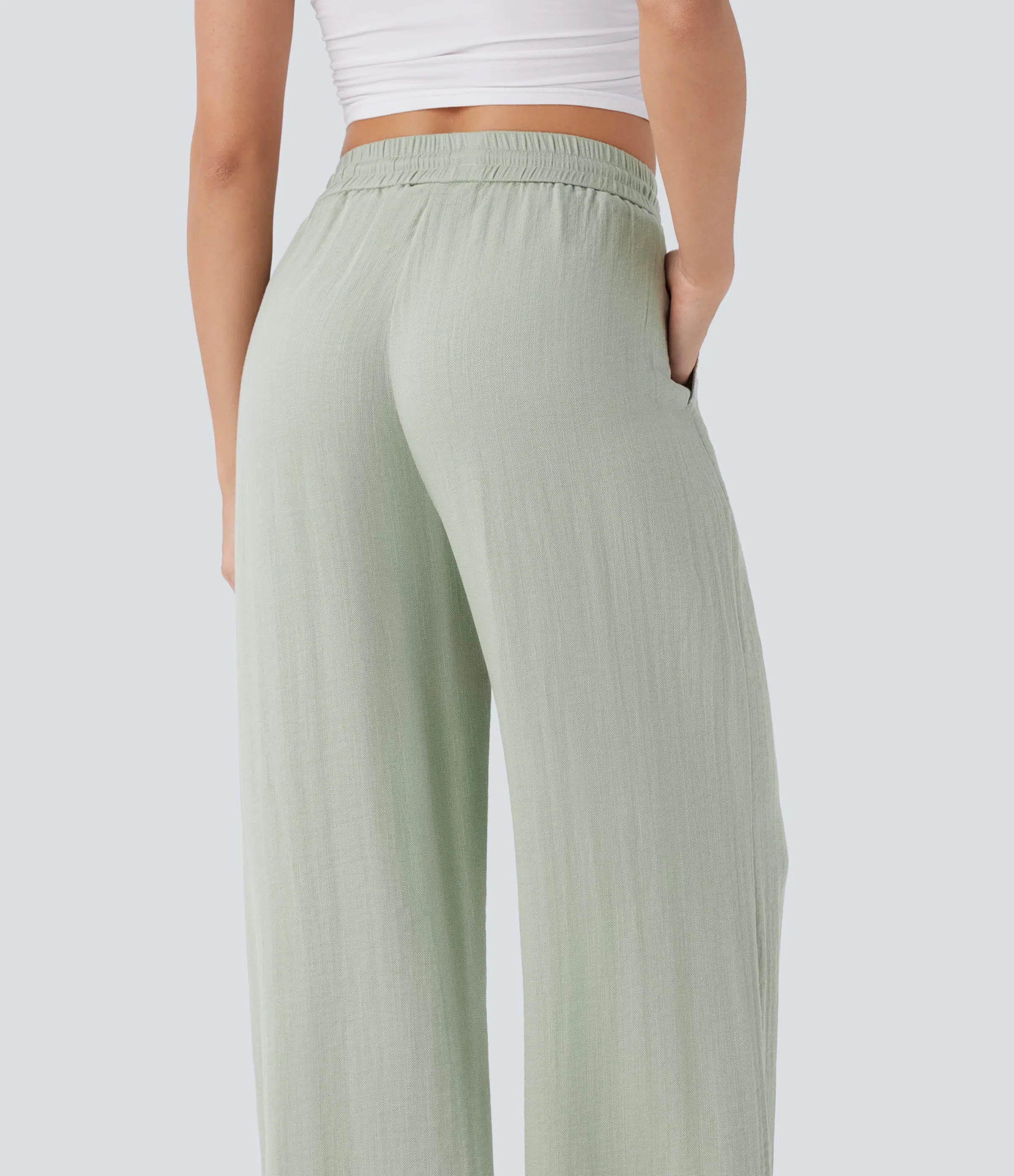 High Waisted Drawstring Wide Leg Baggy Casual Linen-Feel Pants