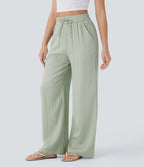High Waisted Drawstring Wide Leg Baggy Casual Linen-Feel Pants