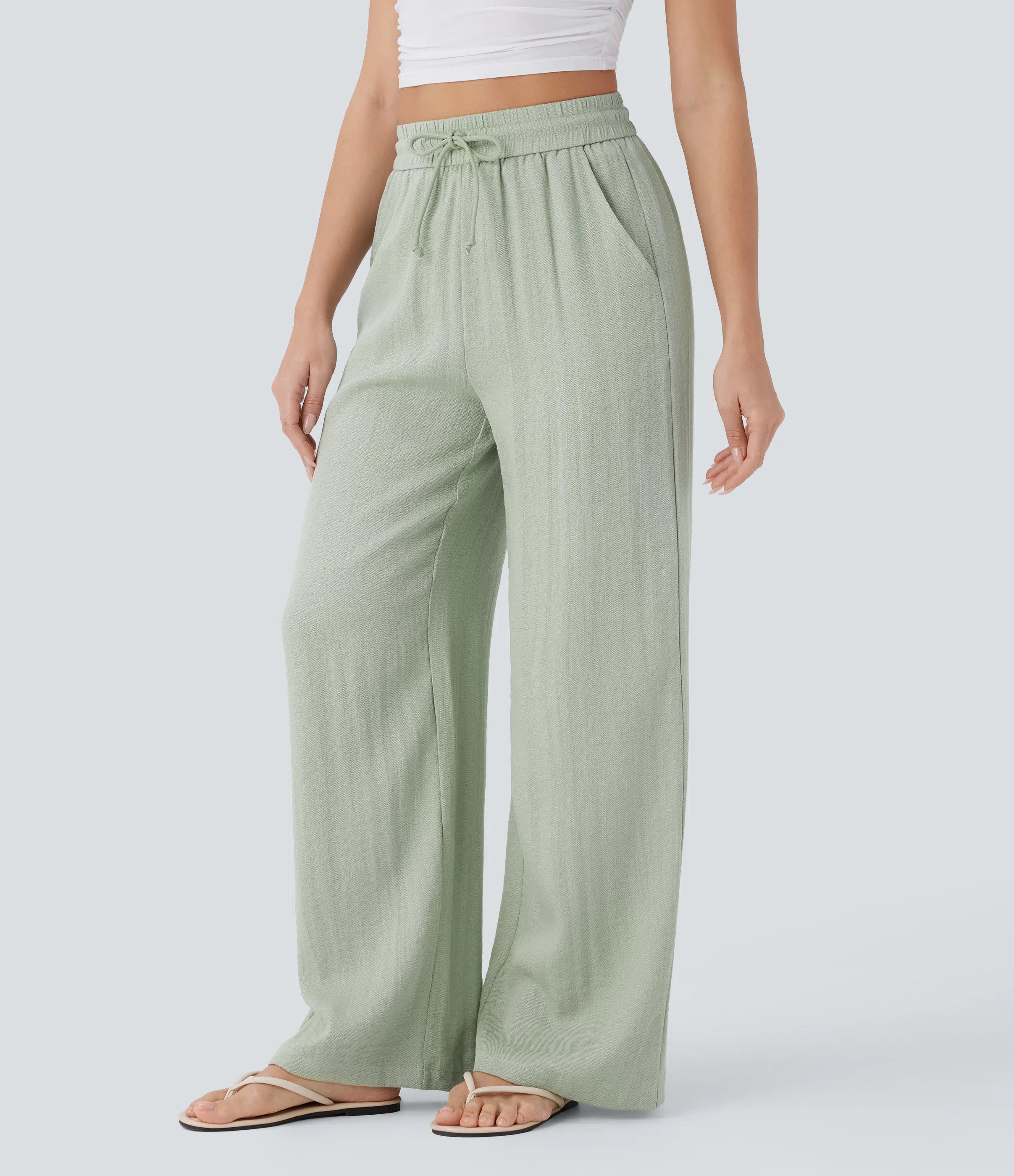 High Waisted Drawstring Wide Leg Baggy Casual Linen-Feel Pants